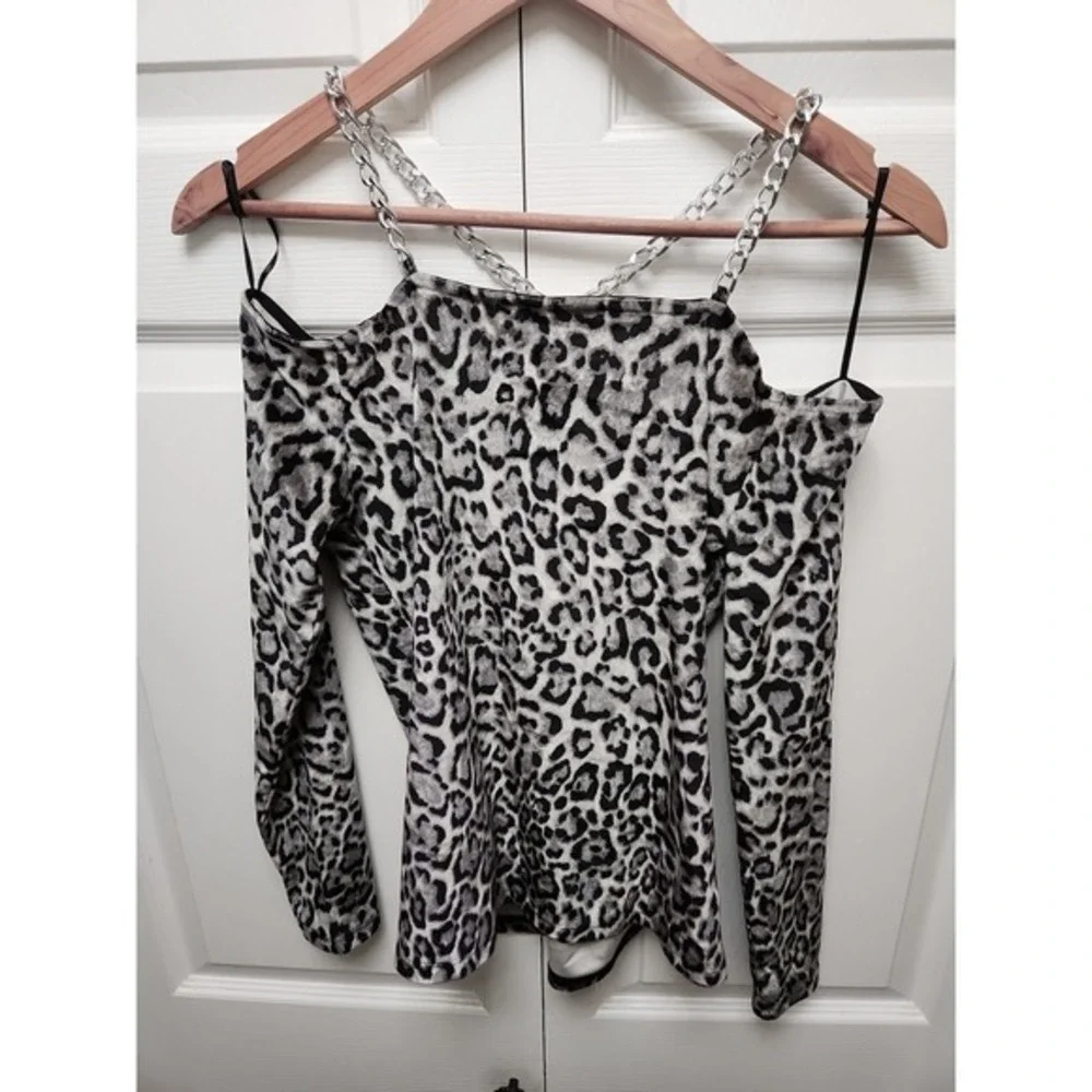 Michael Kors Gray/Black Animal Print Silver Chain Strap  Blouse Animal Print Top